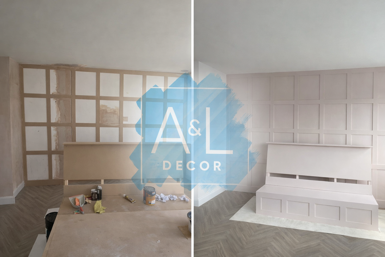 Before and after wall panel and bench transformation