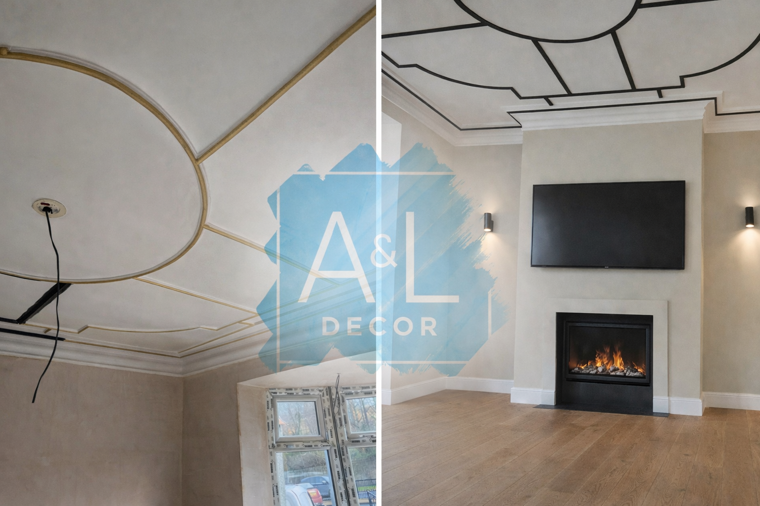 Before and after ceiling and media wall transformation