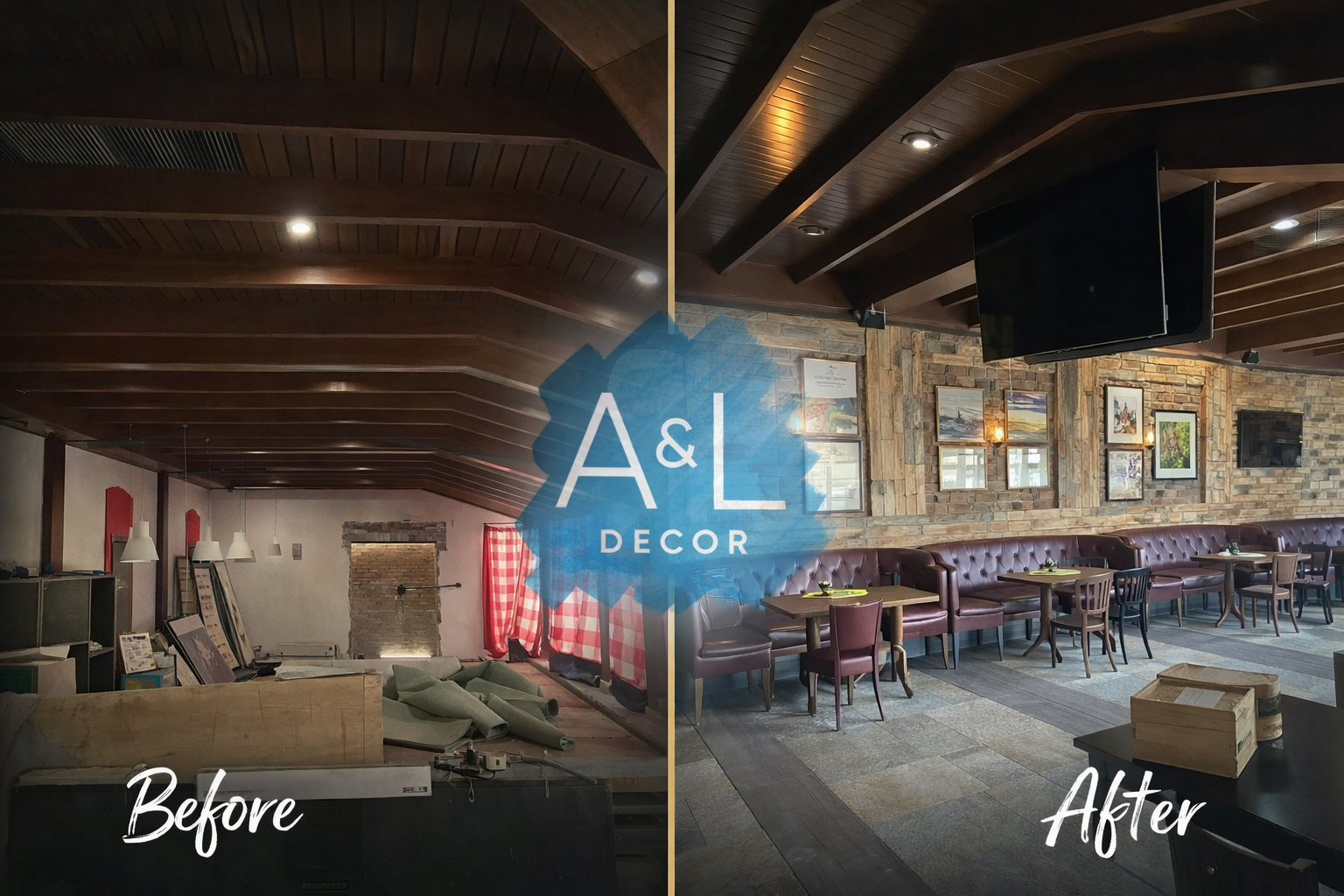 Before and after restaurant seating and ceiling refurbishment